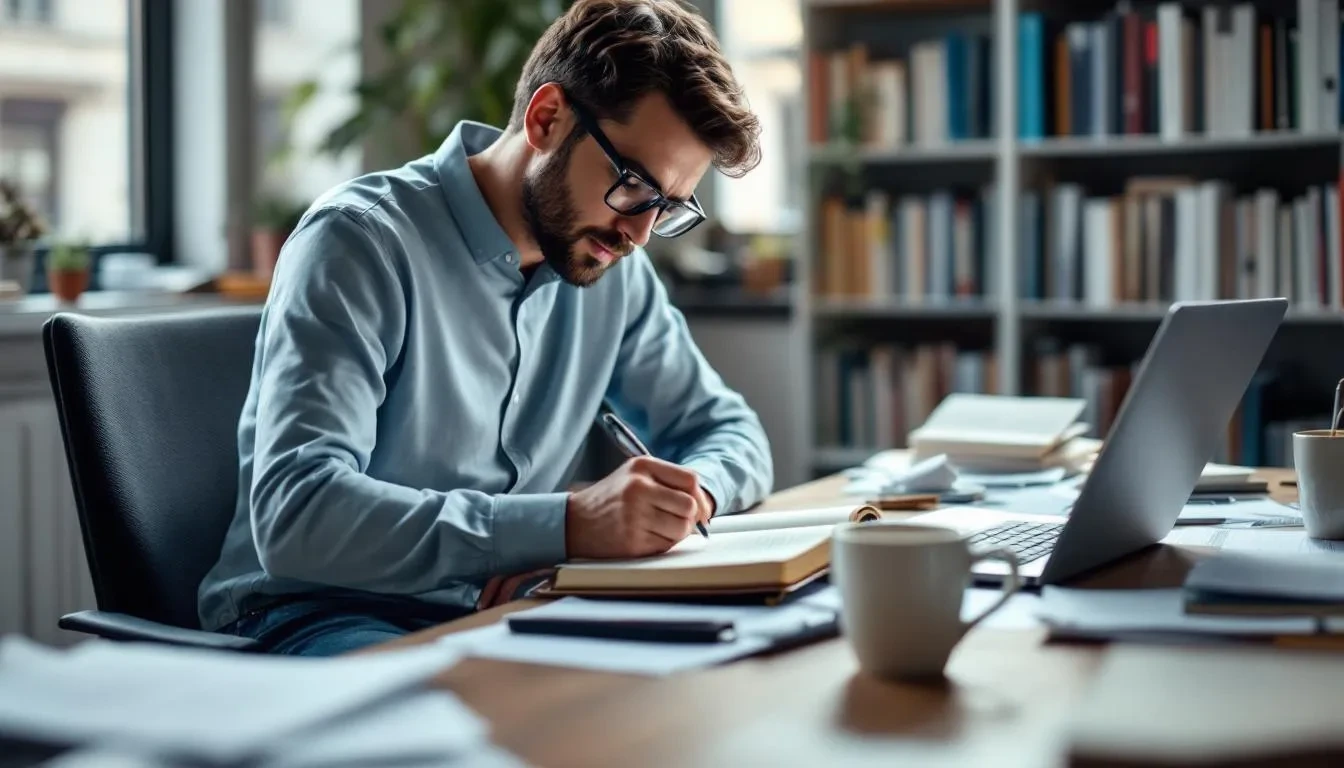 A person is seated at a desk, writing notes while conducting a self-assessment to identify transferable skills for navigating career transitions. They appear focused and engaged, reflecting on their career path and aspirations in a new industry.